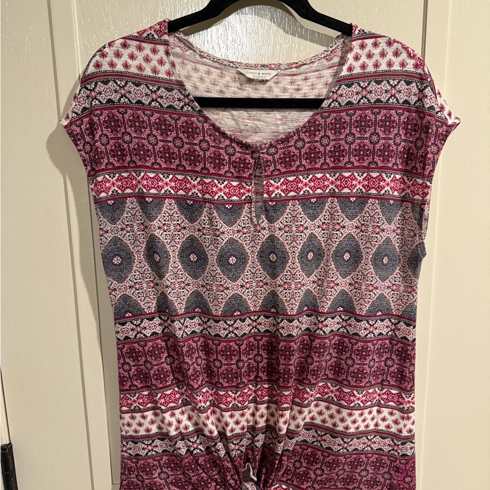 Lucky Brand Pink and Gray Patterned Short Sleeve Top